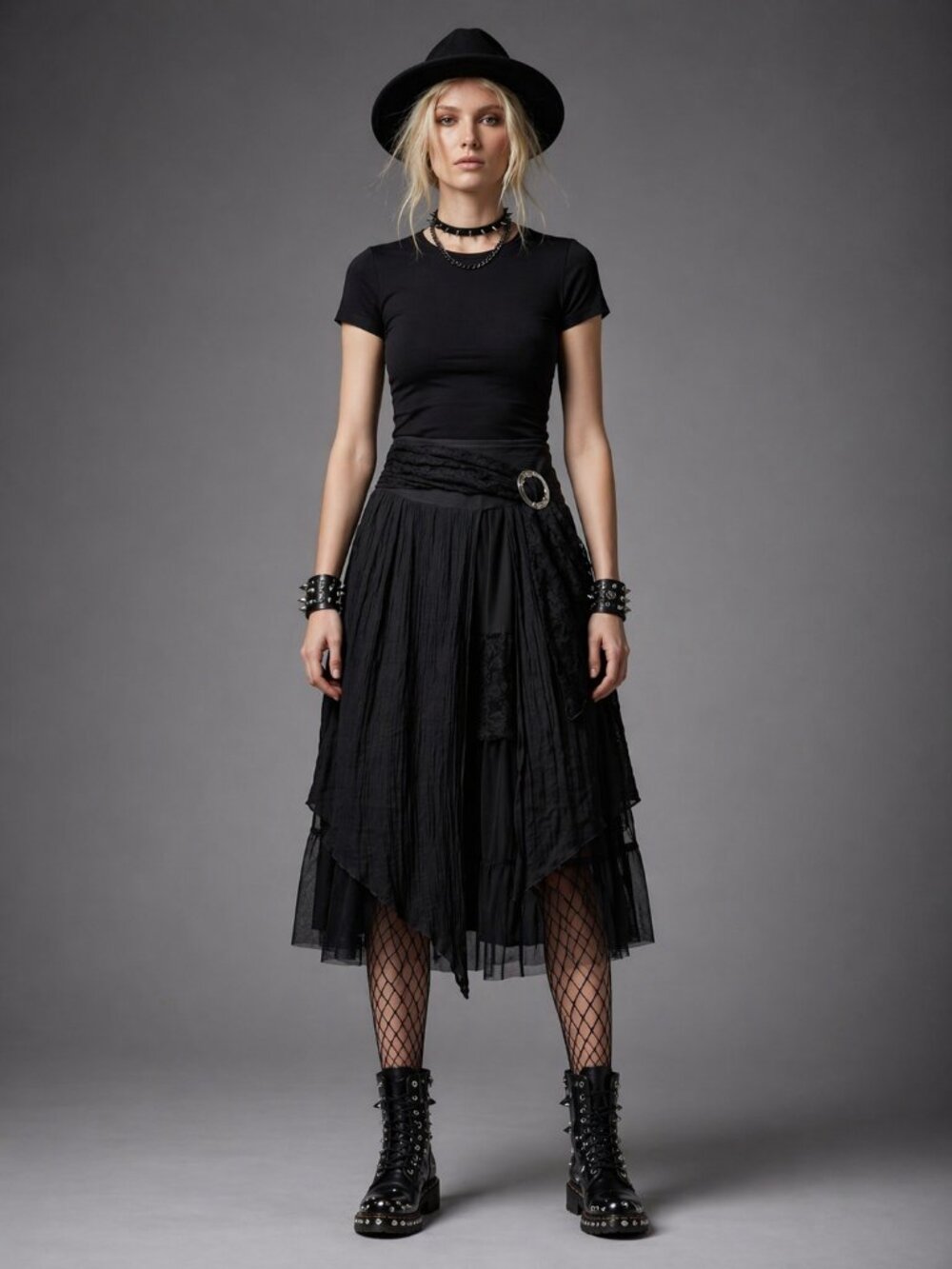 Vintage Gothic Black Layered Midi Skirt with Buckle